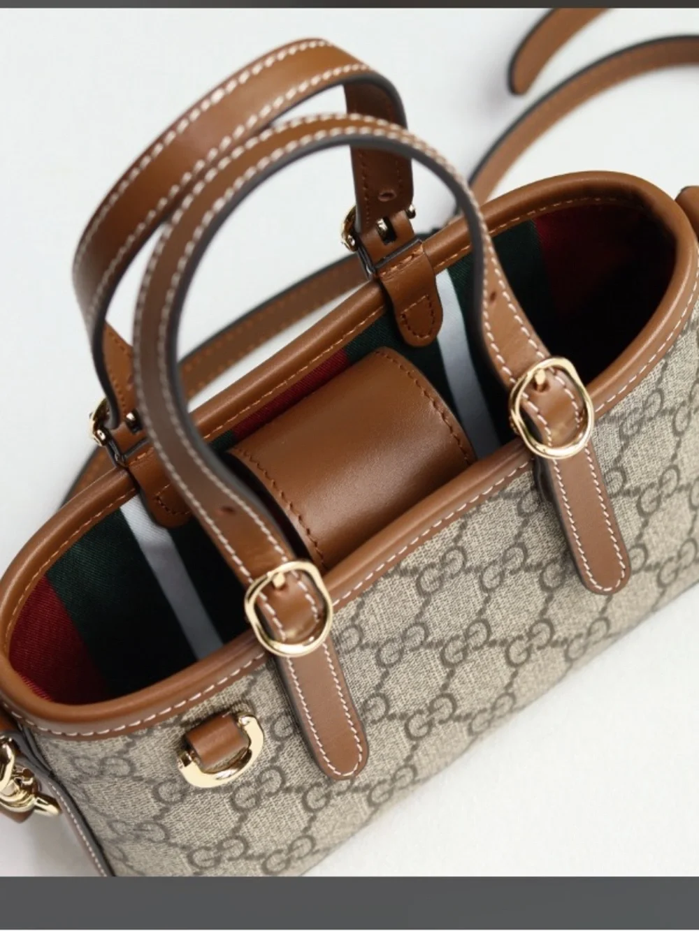 Gucci Beige GG Canvas Top-Handle Crossbody Bag with Brown Leather Trim